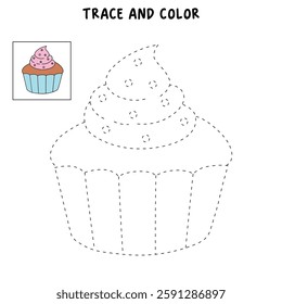 Cupcake with sprinkles illustration vector. Sweet love bite cupcake clipart. Cupcake coloring page for valentine day theme. Valentine cupcake and sweet dessert clipart, icon vector.