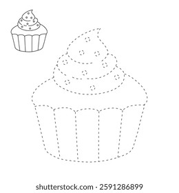 Cupcake with sprinkles illustration vector. Sweet love bite cupcake clipart. Cupcake coloring page for valentine day theme. Valentine cupcake and sweet dessert clipart, icon vector.