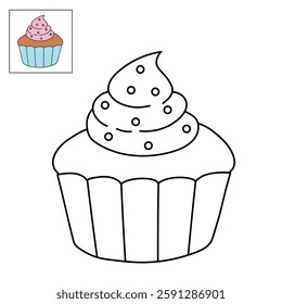 Cupcake with sprinkles illustration vector. Sweet love bite cupcake clipart. Cupcake coloring page for valentine day theme. Valentine cupcake and sweet dessert clipart, icon vector.