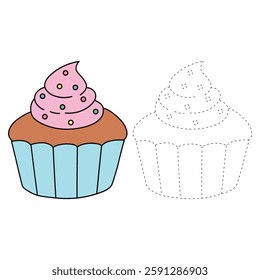 Cupcake with sprinkles illustration vector. Sweet love bite cupcake clipart. Cupcake coloring page for valentine day theme. Valentine cupcake and sweet dessert clipart, icon vector.