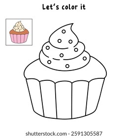 Cupcake with sprinkles illustration vector. Sweet love bite cupcake clipart. Cupcake coloring page for valentine day theme. Valentine cupcake and sweet dessert clipart, icon vector.