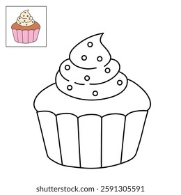 Cupcake with sprinkles illustration vector. Sweet love bite cupcake clipart. Cupcake coloring page for valentine day theme. Valentine cupcake and sweet dessert clipart, icon vector.