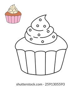 Cupcake with sprinkles illustration vector. Sweet love bite cupcake clipart. Cupcake coloring page for valentine day theme. Valentine cupcake and sweet dessert clipart, icon vector.