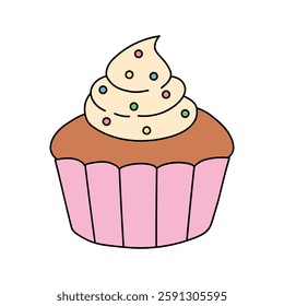 Cupcake with sprinkles illustration vector. Sweet love bite cupcake clipart. Cupcake coloring page for valentine day theme. Valentine cupcake and sweet dessert clipart, icon vector.