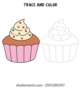 Cupcake with sprinkles illustration vector. Sweet love bite cupcake clipart. Cupcake coloring page for valentine day theme. Valentine cupcake and sweet dessert clipart, icon vector.