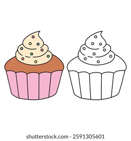 Cupcake with sprinkles illustration vector. Sweet love bite cupcake clipart. Cupcake coloring page for valentine day theme. Valentine cupcake and sweet dessert clipart, icon vector.