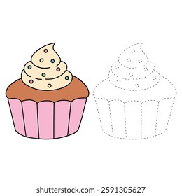 Cupcake with sprinkles illustration vector. Sweet love bite cupcake clipart. Cupcake coloring page for valentine day theme. Valentine cupcake and sweet dessert clipart, icon vector.