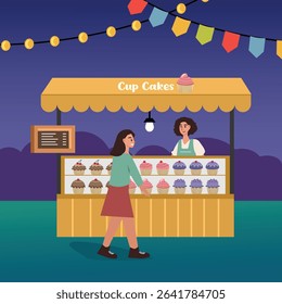 Cupcake stall. Cupcake stand. People buy cupcake. Night food fair. Muffin stall. Delivery food. Cupcakes display. 