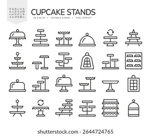 Cupcake stand line icon set. Empty cake pedestal, turntable, tower. Vector illustration. Dessert candy shop equipment. Holiday, birthday tableware. Bakery supply