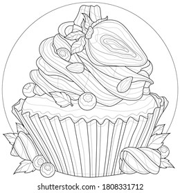 Cupcake with strawberries, blueberries, marshmallows and almonds.Tasty dessert.Coloring book antistress for children and adults. Outline style. Black and white drawing