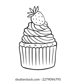 Cupcake with strawberries in doodle style. Cake hand draw, design for any purposes. Vector