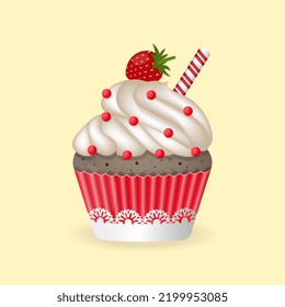 Cupcake with strawberries in a red tartlet. Vector illustration