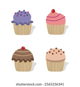 Cupcake strawberry. Cupcake blueberry. Cupcake chocolate. Cupcake vanilla. Set of muffin. Sweet dessert.