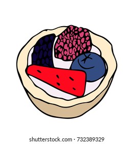 Cupcake strawberry and blueberry vector illustration. Doodle style. Design icon, print, logo, symbol, decor, textile, paper.