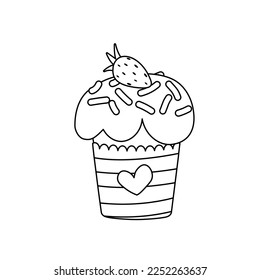 Cupcake with strawberry. Coloring page. Black and white Easter cake. Color me. Isolated vector illustration eps