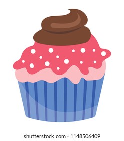 A cupcake with strawberry cream and chocolate fudge cream over it, strawberry dip cupcake 

