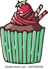 Cupcake with strawberry and cream decorations vector illustration. Colored image isolated on white backround. Design for greeting cards, scrapbooking, textile, wrapping paper, Invitations.