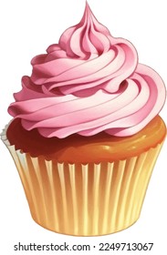 Cupcake with Strawberry Cream Detailed Beautiful Hand Drawn Vector Illustration