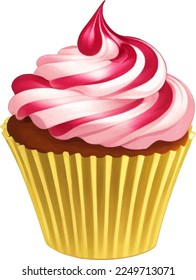 Cupcake with Strawberry Cream Detailed Beautiful Hand Drawn Vector Illustration