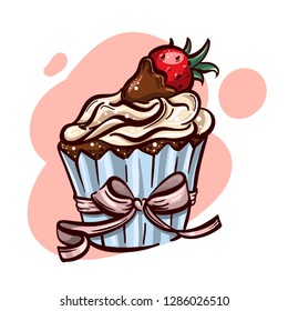 Cupcake With Strawberry. Cute hand drawn illustration Vector logo for bakery.