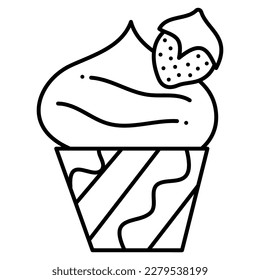Cupcake with strawberry. Doodle vector black and white illustration.