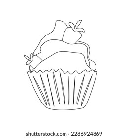 Pastel con fresa. Ilustración en blanco y negro del vector del doodle. Dibujo de un pastel con crema y fresa. Muffin con crema batida. Estilo Doodle. Borde negro sobre fondo blanco.