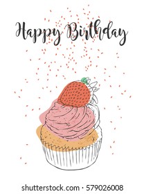 Cupcake With Strawberry, Doodle, Vector Illustration For Birthday Card Design, Sketchy Style