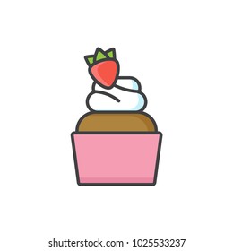 Cupcake with strawberry flat line colored icon.