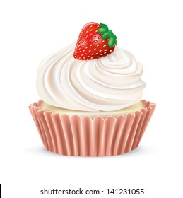 cupcake with strawberry isolated on white
