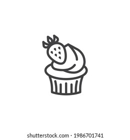 Cupcake with strawberry line icon. linear style sign for mobile concept and web design. Creamy cupcake muffin outline vector icon. Symbol, logo illustration. Vector graphics