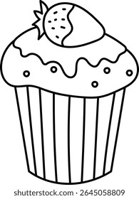 A cupcake with a strawberry on top in a bold line drawing. The dessert features striped sides and a wavy icing pattern. Cartoon vector illustration.