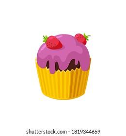 Cupcake with strawberry and pink icing. Fairy cake in paper cup. Tasty dessert with colored frosting. Vector illustration in cute cartoon style