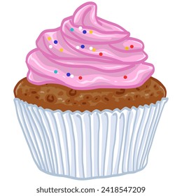 Cupcake Strawberry Pink with Sprinkles Vector Illustration Logo Design