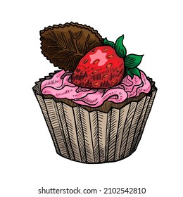 Cupcake with strawberry vector illustration isolated on white background