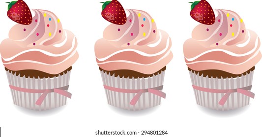 Cupcake with strawberry and whipped cream. Vector
