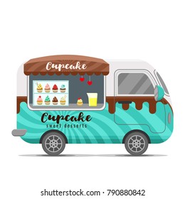 Cupcake street food caravan trailer. Colorful vector illustration, cute style, isolated on white background