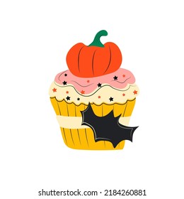 Cupcake in the style of Halloween with a pumpkin and a bat. Vector illustration