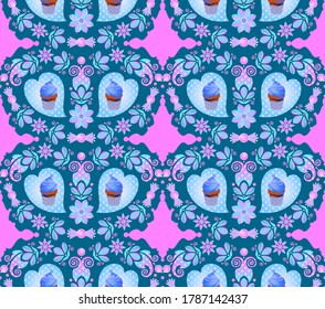 Pastel. Imagen estilizada de pasteles y dulces. Patrón sin foco. Gráficos vectoriales