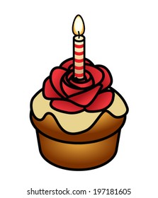 A cupcake with sugar rose and a birthday candle.