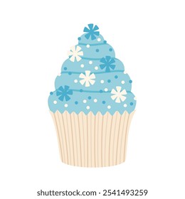 Bolo com flocos de neve de açúcar e polvilhos. Doce sobremesa cremosa decorada de inverno. Ilustração do vetor plano alimentar isolado no fundo branco