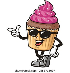 Cupcake with sunglasses,  Cartoon Character Mascot Illustration Vector Clip-art Hand-drawn Logo Design