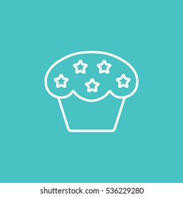 cupcake sweet baked biscuit dessert with stars line icon white on blue background
