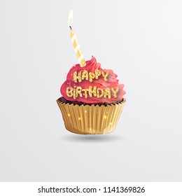 Cupcake. Sweet birthday cake with candle lit. Happy birthday