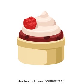 Cupcake, sweet chocolate dessert with cream swirl and berry. Small muffin cake in bakery cup with buttercream and raspberry decor. Yummy pastry. Flat vector illustration isolated on white background