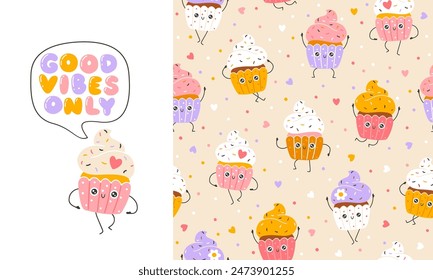 Cupcake sweets seamless pattern with funny mascot characters. Kawaii cartoon hand drawn doodle in colorful palette. Ideal for baby design, prints, packaging, textiles. Good vibes only.