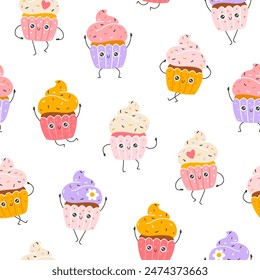 Cupcake sweets seamless pattern with funny mascot characters. Kawaii cartoon hand drawn doodle in colorful palette. Ideal for baby design, prints, packaging, textiles. Creative nursery background