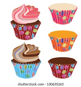 Cupcake swirl frosting with patterned cases Vector