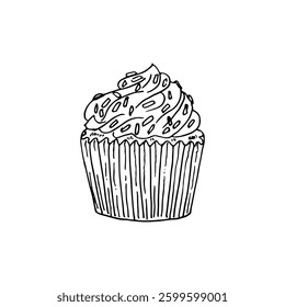Cupcake with a swirl of frosting and sprinkles on top vector hand drawn.