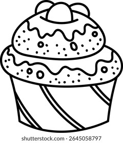 A cupcake with swirled frosting and sprinkles in a bold line art style. The dessert features a striped wrapper and decorative toppings. Cartoon vector illustration.