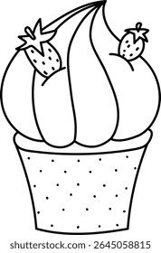 A cupcake with swirled frosting and two strawberries drawn in bold lines. The dessert features a dotted base and stylized fruit accents. Cartoon vector illustration.